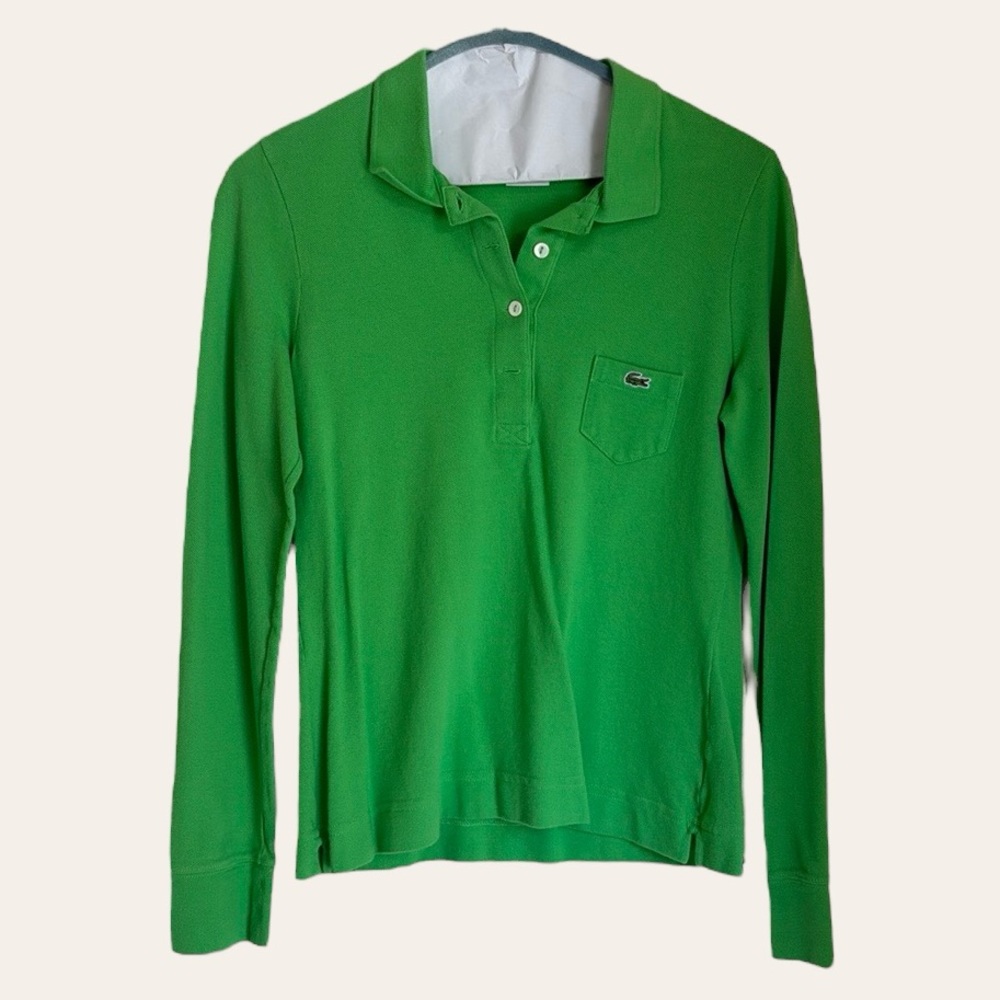 🩷LACOSTE VINTAGE GREEN LONG SLEEVE POLO 100% COTTON SHIRT